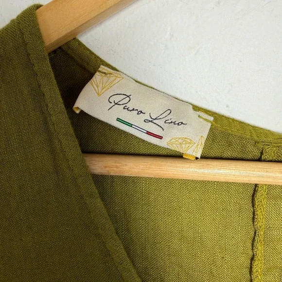 Puro Lino Italian Linen Wide Leg Jumpsuit Olive Green M Relaxed Lagenlook - Picture 4 of 15